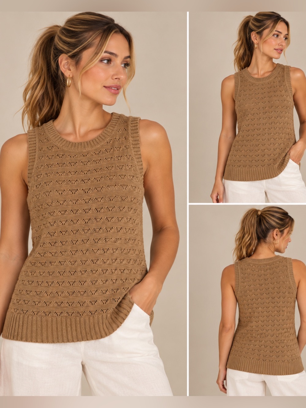 NWT Elie Tahari Pointelle Knit Sweater Vest Camel Sleeveless Top Size Large